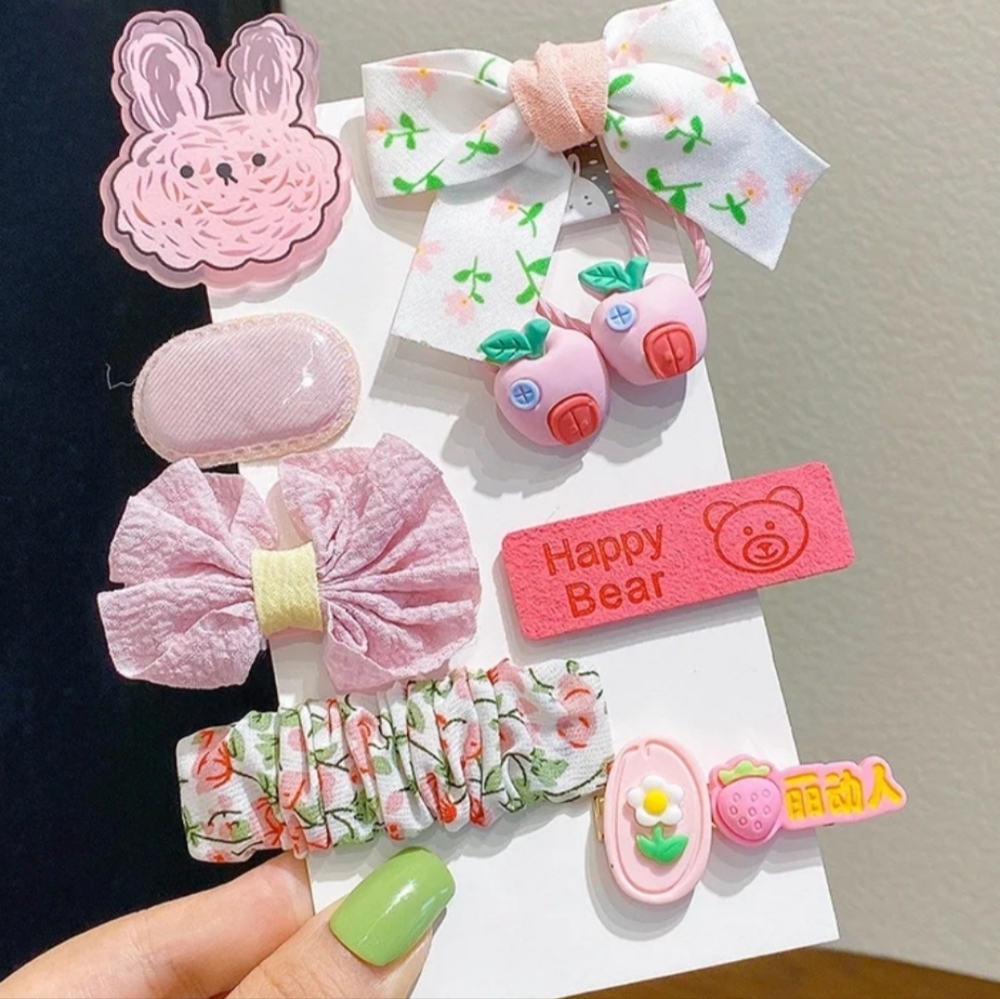 Girls Cute Pink Barrettes Hair Rope‎ 9-Piece Set NEW